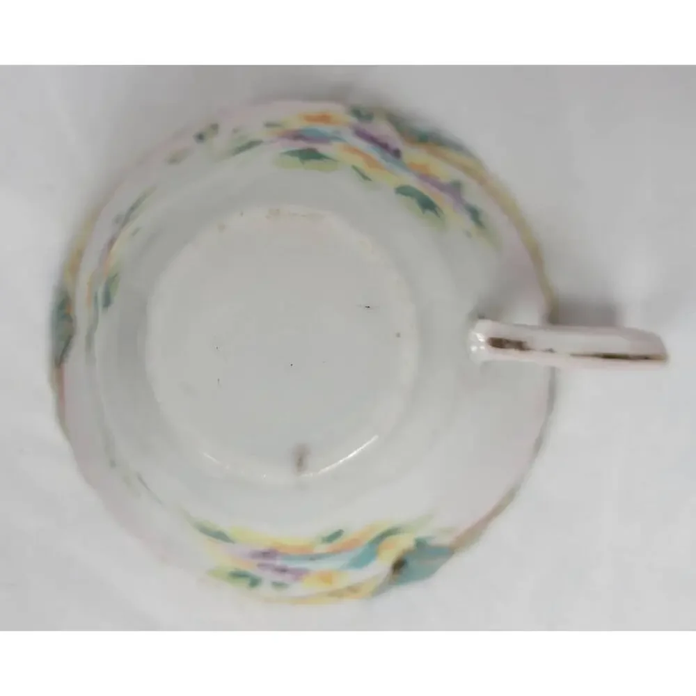 Vintage Bone China Hand Painted Teacup with Soft Flowers and Green/Yellow Trim